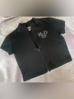 Harley Davidson Y2K Rhinestone Zip Top Black Crop Fitted Women’s M